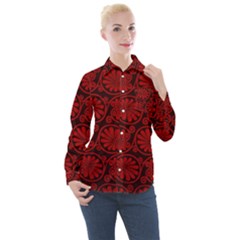 Red Floral Pattern Floral Greek Ornaments Women s Long Sleeve Pocket Shirt