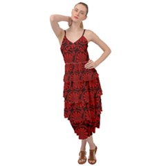 Red Floral Pattern Floral Greek Ornaments Layered Bottom Dress by nateshop