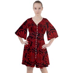 Red Floral Pattern Floral Greek Ornaments Boho Button Up Dress