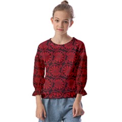 Red Floral Pattern Floral Greek Ornaments Kids  Cuff Sleeve Top