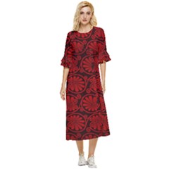 Red Floral Pattern Floral Greek Ornaments Double Cuff Midi Dress