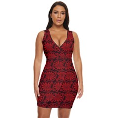 Red Floral Pattern Floral Greek Ornaments Draped Bodycon Dress