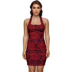 Red Floral Pattern Floral Greek Ornaments Sleeveless Wide Square Neckline Ruched Bodycon Dress