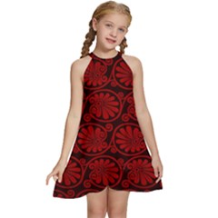 Red Floral Pattern Floral Greek Ornaments Kids  Halter Collar Waist Tie Chiffon Dress