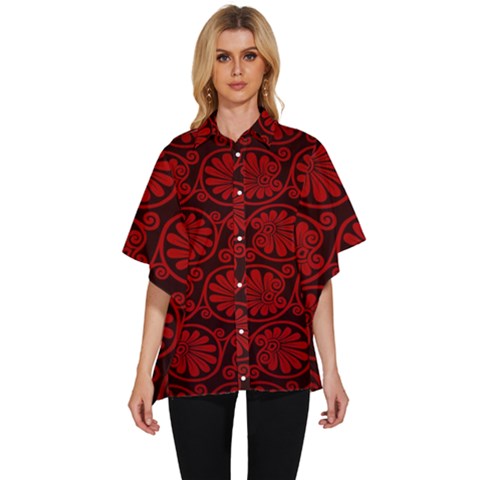 Red Floral Pattern Floral Greek Ornaments Women s Batwing Button Up Shirt by nateshop
