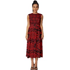 Red Floral Pattern Floral Greek Ornaments Sleeveless Round Neck Midi Dress