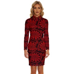 Red Floral Pattern Floral Greek Ornaments Long Sleeve Shirt Collar Bodycon Dress