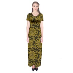 Yellow Floral Pattern Floral Greek Ornaments Short Sleeve Maxi Dress by nateshop