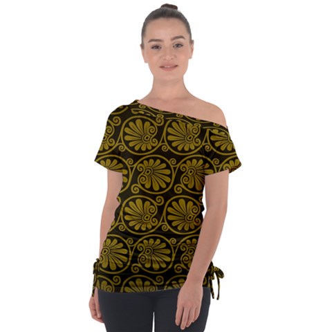 Yellow Floral Pattern Floral Greek Ornaments Off Shoulder Tie-up T-shirt by nateshop