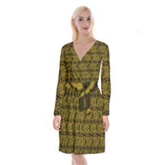 Yellow Floral Pattern Floral Greek Ornaments Long Sleeve Velvet Front Wrap Dress by nateshop