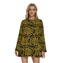 Yellow Floral Pattern Floral Greek Ornaments Round Neck Long Sleeve Bohemian Style Chiffon Mini Dress by nateshop