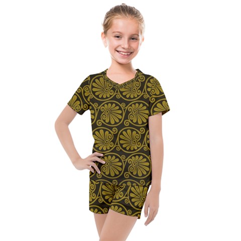 Yellow Floral Pattern Floral Greek Ornaments Kids  Mesh T-shirt And Shorts Set by nateshop