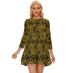 Yellow Floral Pattern Floral Greek Ornaments Long Sleeve Babydoll Dress