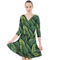 Green Leaves Quarter Sleeve Front Wrap Dress