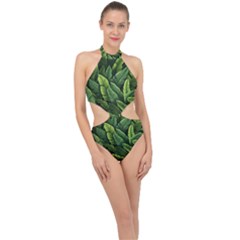 Green Leaves Halter Side Cut Swimsuit by goljakoff