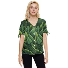 Green Leaves Bow Sleeve Button Up Top by goljakoff