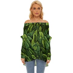 Green Leaves Off Shoulder Chiffon Pocket Shirt by goljakoff