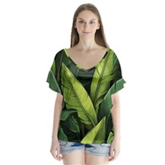 Banana Leaves Pattern V-neck Flutter Sleeve Top