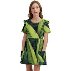 Banana Leaves Pattern Kids  Frilly Sleeves Pocket Dress by goljakoff