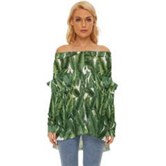 Tropical Leaves Off Shoulder Chiffon Pocket Shirt by goljakoff