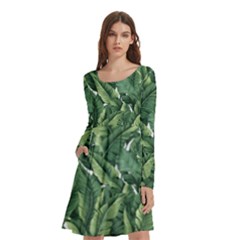 Tropical Leaves Long Sleeve Knee Length Skater Dress With Pockets