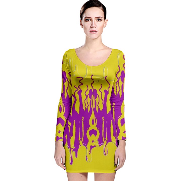 Yellow And Purple In Harmony Long Sleeve Velvet Bodycon Dress