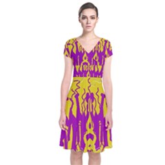 Yellow And Purple In Harmony Short Sleeve Front Wrap Dress