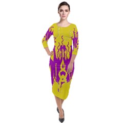 Yellow And Purple In Harmony Quarter Sleeve Midi Velour Bodycon Dress