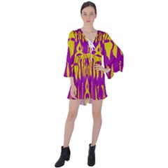 Yellow And Purple In Harmony V-neck Flare Sleeve Mini Dress