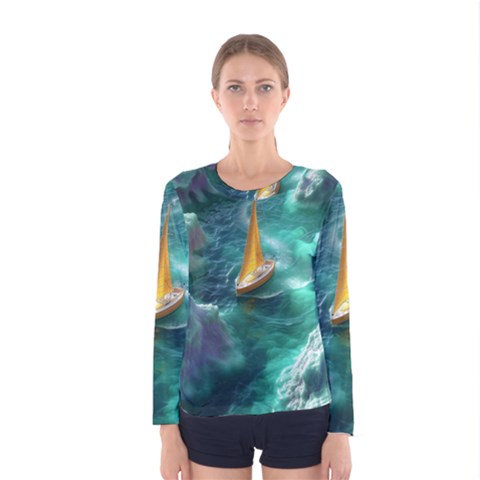 Mountain Birds River Sunset Nature Women s Long Sleeve T-shirt by Cemarart