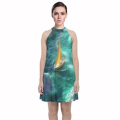 Mountain Wolf Tree Nature Moon Velvet Halter Neckline Dress 