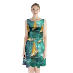 Mountain Birds River Sunset Nature Sleeveless Waist Tie Chiffon Dress