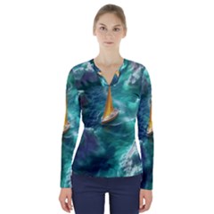 Mountain Birds River Sunset Nature V-neck Long Sleeve Top by Cemarart