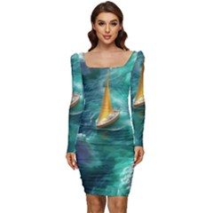 Lion King Of The Jungle Nature Women Long Sleeve Ruched Stretch Jersey Dress by Cemarart