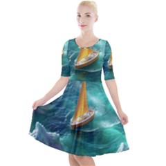 Double Exposure Flower Quarter Sleeve A-line Dress by Cemarart