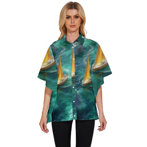 Mountain Wolf Tree Nature Moon Women s Batwing Button Up Shirt by Cemarart