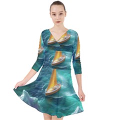 Mountains Sunset Landscape Nature Quarter Sleeve Front Wrap Dress by Cemarart