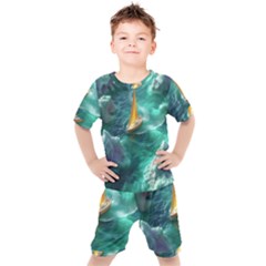 Dolphin Swimming Sea Ocean Kids  T-shirt And Shorts Set by Cemarart