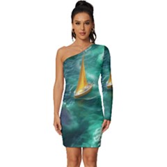 Dolphin Swimming Sea Ocean Long Sleeve One Shoulder Mini Dress by Cemarart