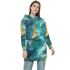 Dolphin Sea Ocean Women s Long Oversized Pullover Hoodie by Cemarart