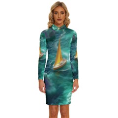 Dolphin Swimming Sea Ocean Long Sleeve Shirt Collar Bodycon Dress by Cemarart