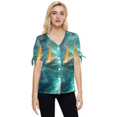 Dolphins Sea Ocean Bow Sleeve Button Up Top by Cemarart