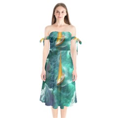 Moon Moonlit Forest Fantasy Midnight Shoulder Tie Bardot Midi Dress