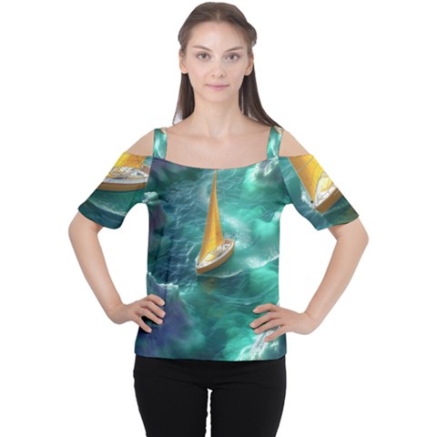 Silk Waves Abstract Cutout Shoulder T-shirt by Cemarart