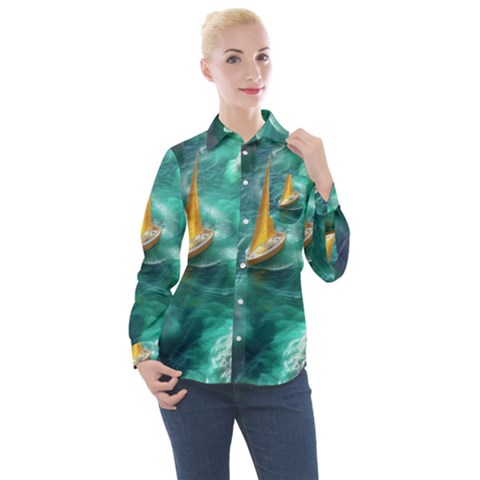 Dolphins Sea Ocean Water Women s Long Sleeve Pocket Shirt by Cemarart