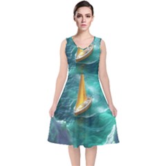 Silk Waves Abstract V-neck Midi Sleeveless Dress 