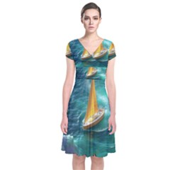 Silk Waves Abstract Short Sleeve Front Wrap Dress