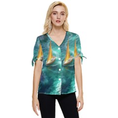 Dolphins Sea Ocean Water Bow Sleeve Button Up Top by Cemarart