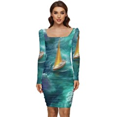 Silk Waves Abstract Women Long Sleeve Ruched Stretch Jersey Dress by Cemarart
