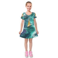 Seascape Boat Sailing Kids  Short Sleeve Velvet Dress by Cemarart